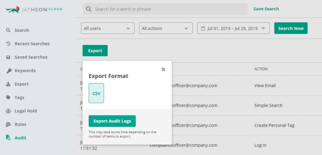 Jatheon Cloud Audit Export to CSV