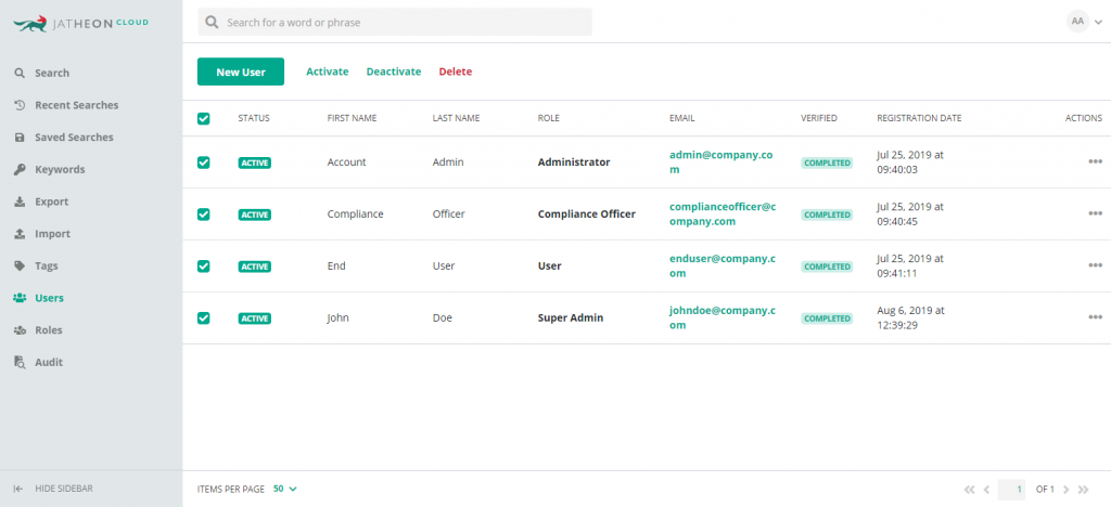 Jatheon Cloud Bulk Actions with Users