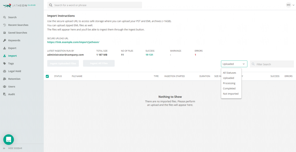 Jatheon Cloud Import and Filter