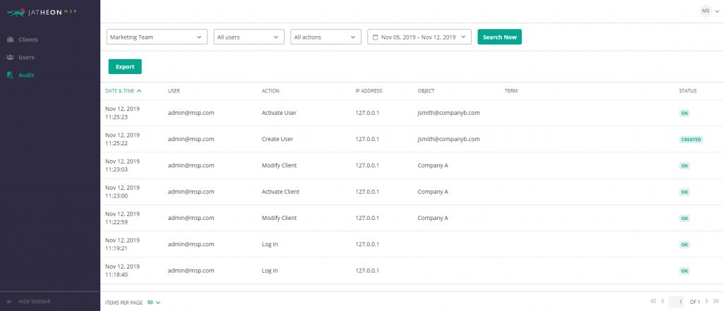 Jatheon MSP Audit log