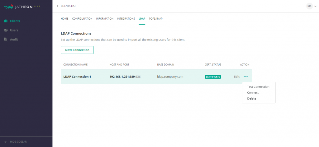 Jatheon MSP LDAP Connection Options