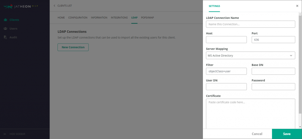 Jatheon MSP LDAP Connection Setup