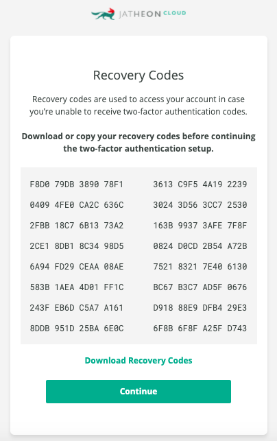 Jatheon Cloud 2FA Backup codes