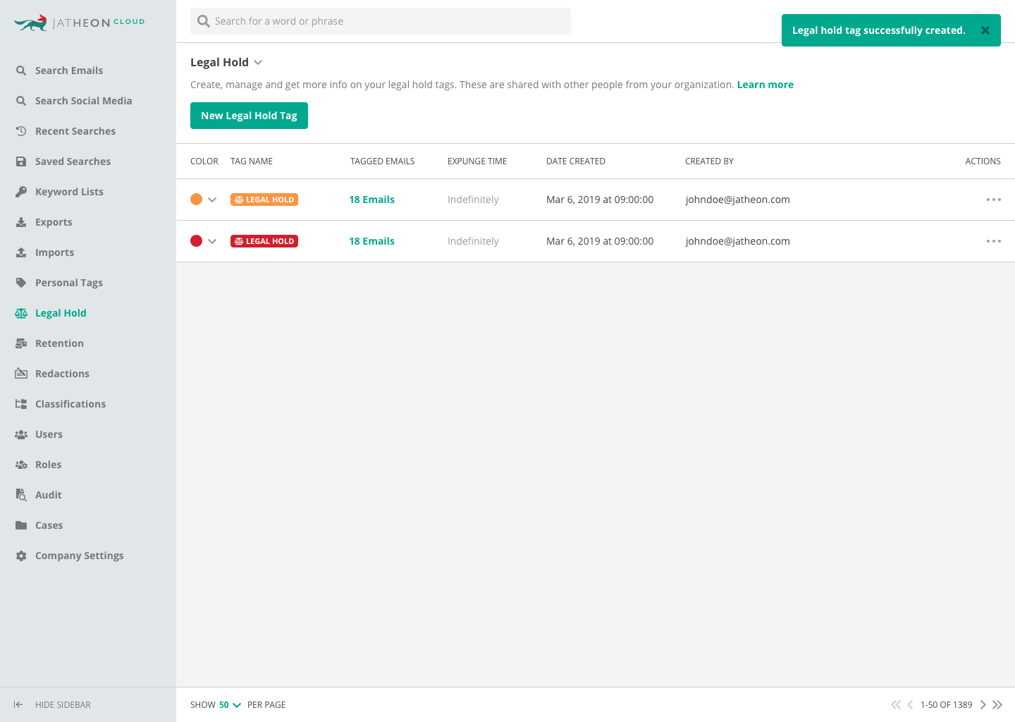 Jatheon Cloud Legal Hold tag