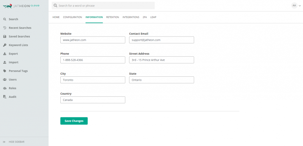 Jatheon Cloud - Account Admin Company Settings 2