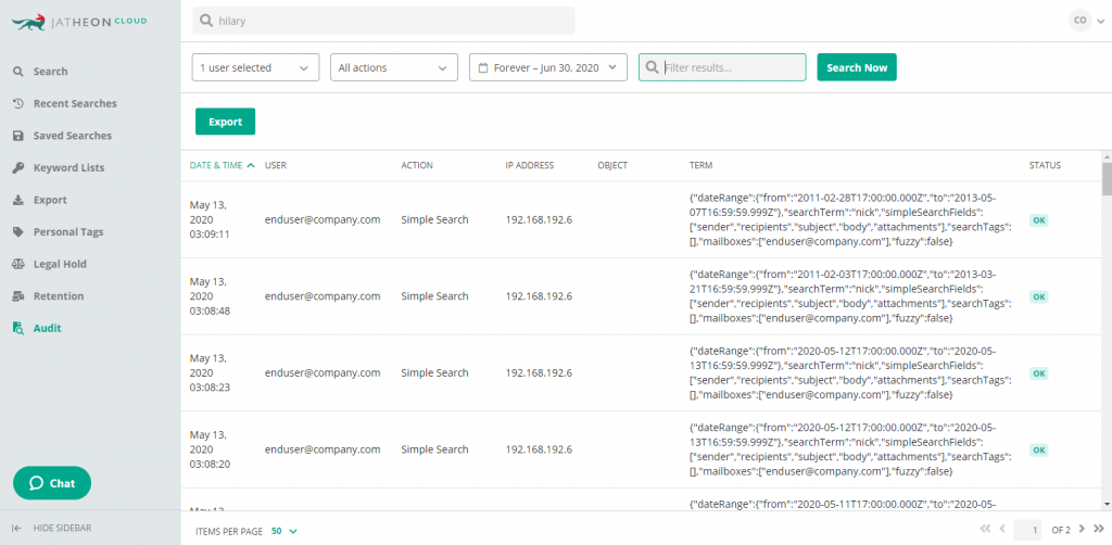 Jatheon Cloud - Audit log filter