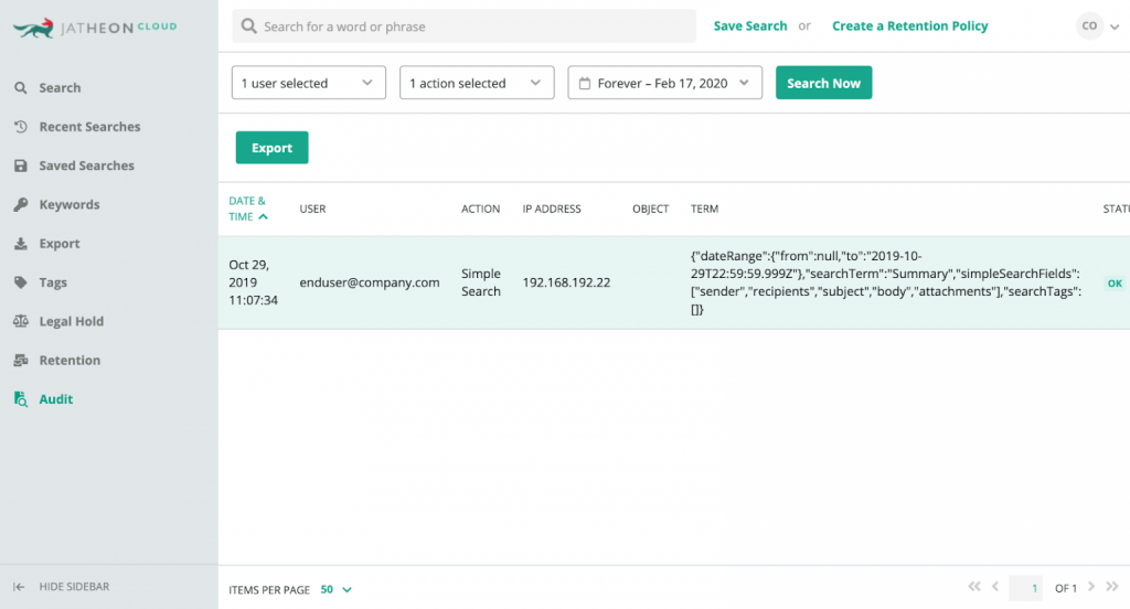 Jatheon Cloud audit log results