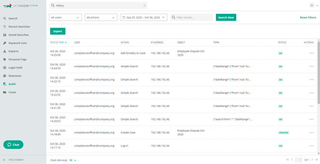 Jatheon Cloud - Audit Log Reset Filters