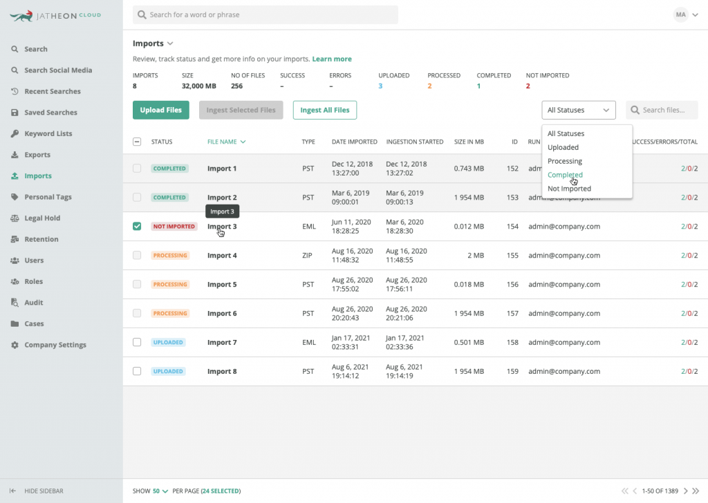 Jatheon Cloud Import Statuses