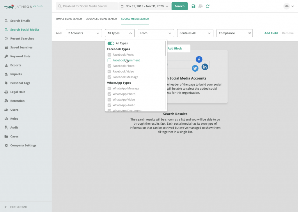 Jatheon Cloud Social Media Search Empty Content Type