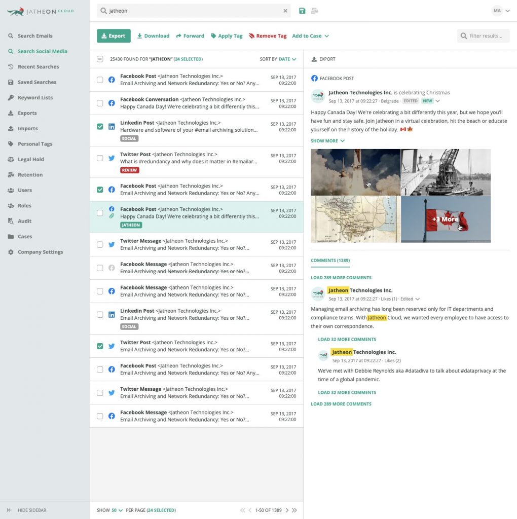 Jatheon Cloud Social Media Search Results Facebook Post Comments