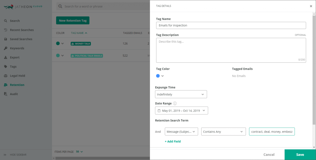 Jatheon Cloud Retention Tags