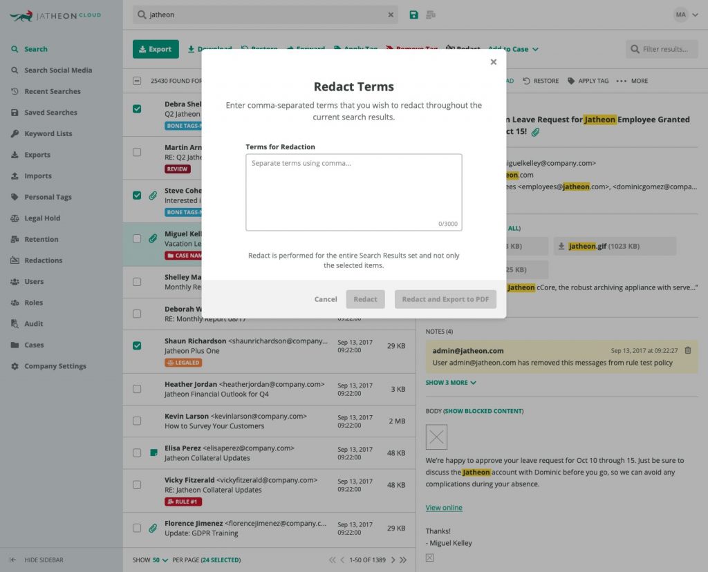 Redaction on Jatheon Cloud - Redact Terms