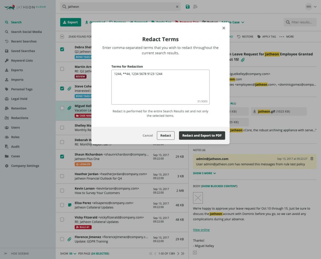 Redaction on Jatheon Cloud - Redaction Terms Inserted