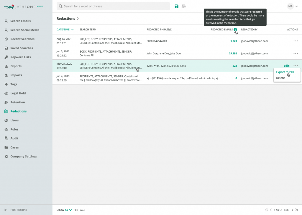 Redaction on Jatheon Cloud - Redactions list