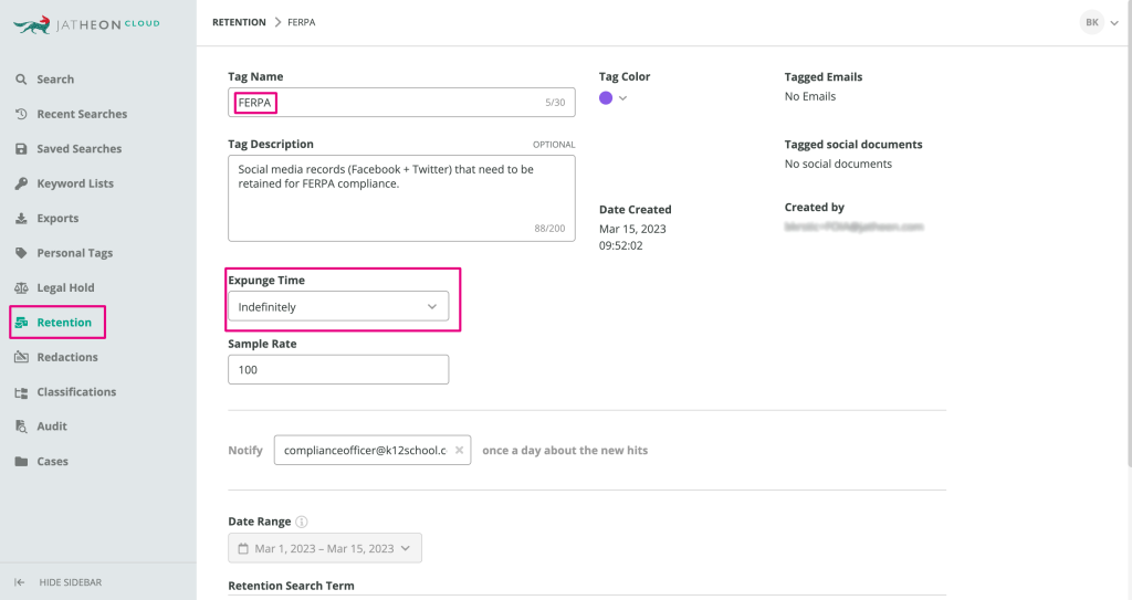 Jatheon Cloud - FERPA Retention Tag Example