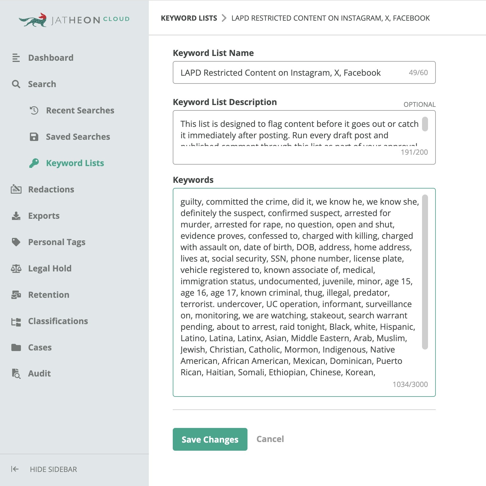 Keyword list for police