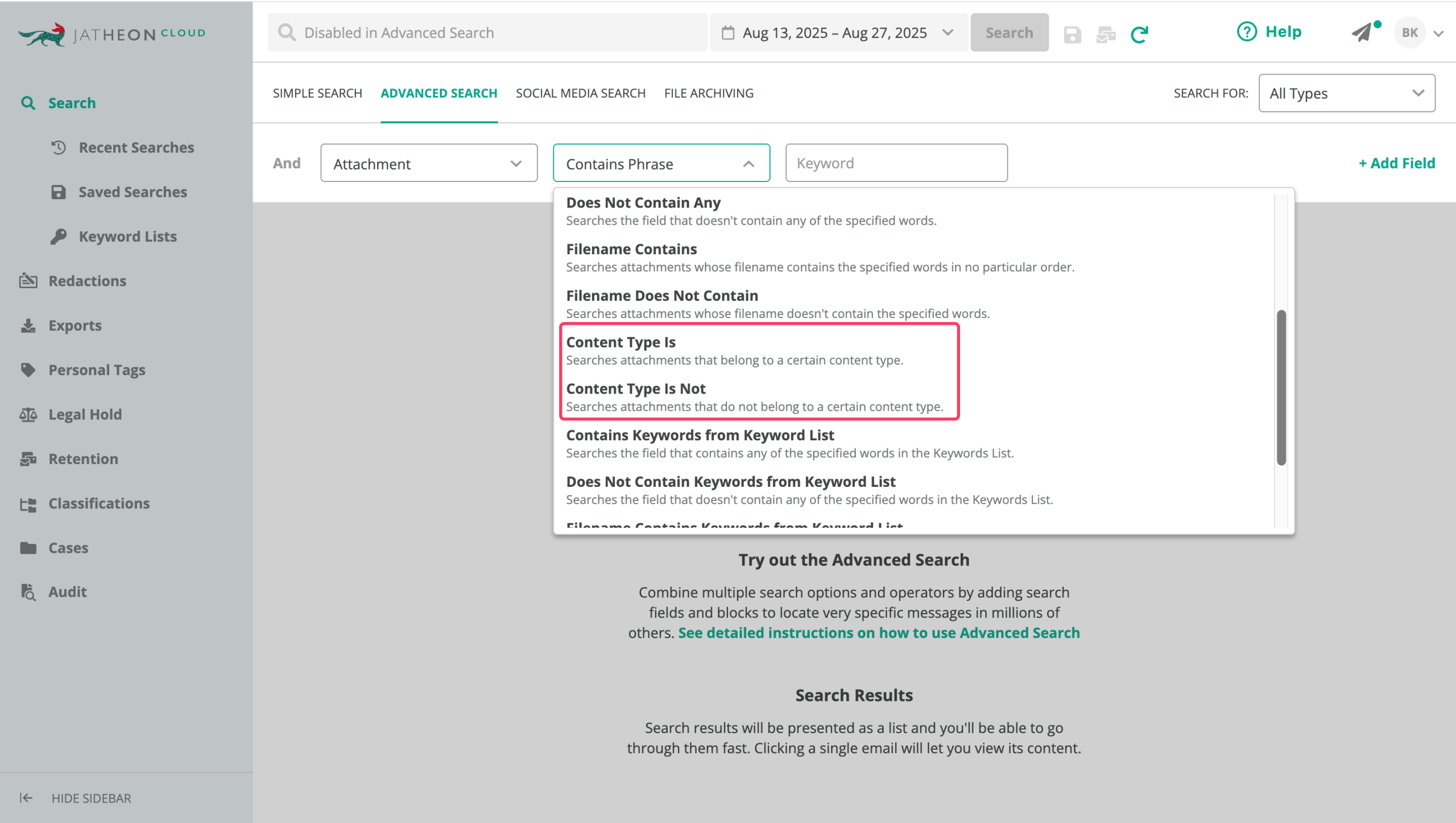 Content Type is + Content Type is not