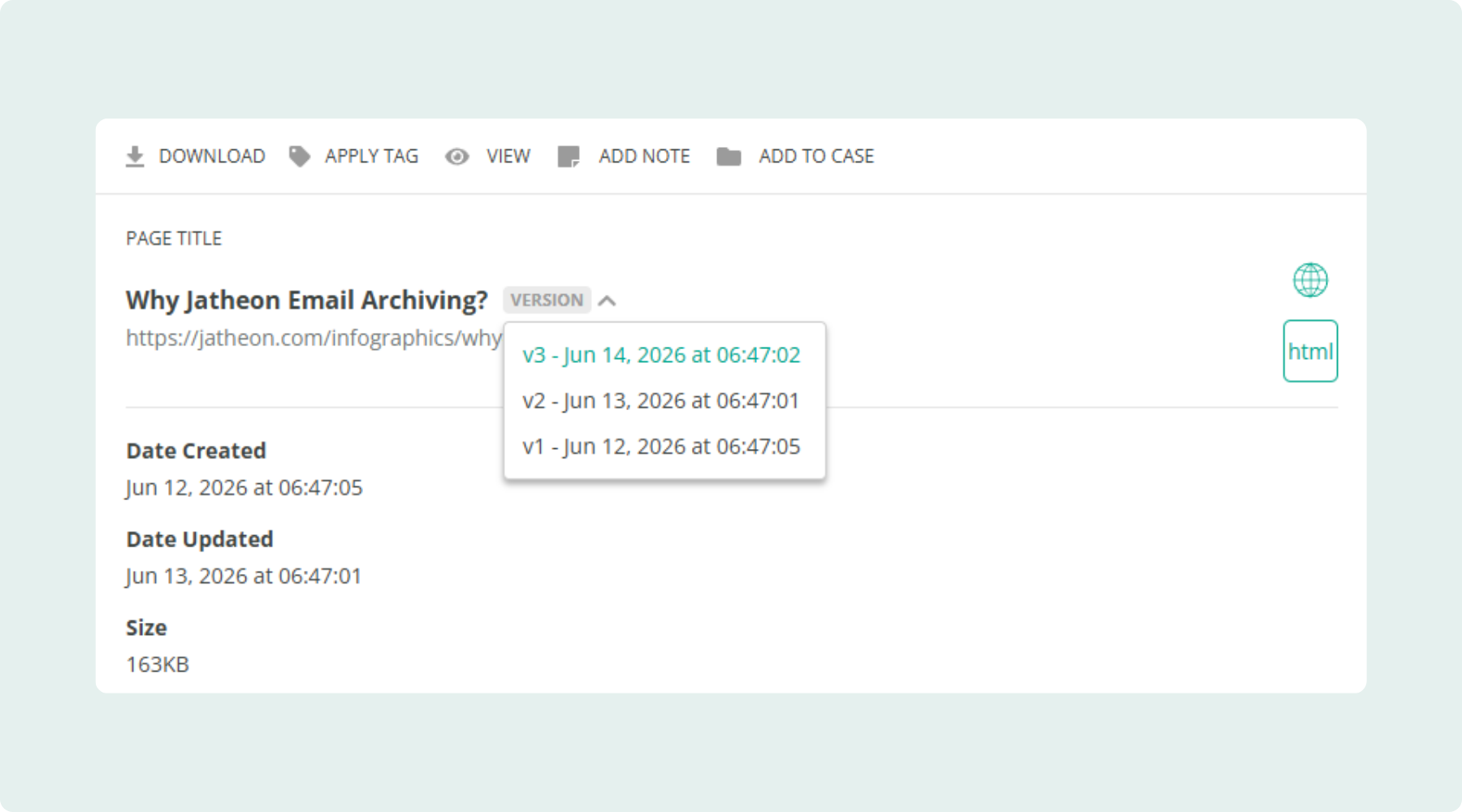 Version history for website archiving