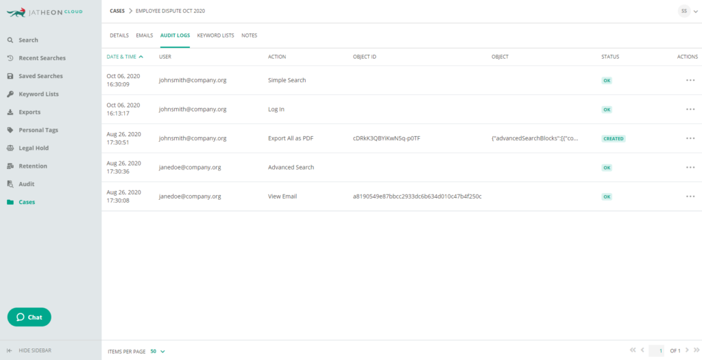Jatheon Cloud - Case Details Audit Log