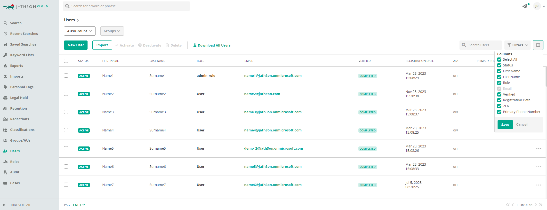 Jatheon Cloud Custom View of the Users Section