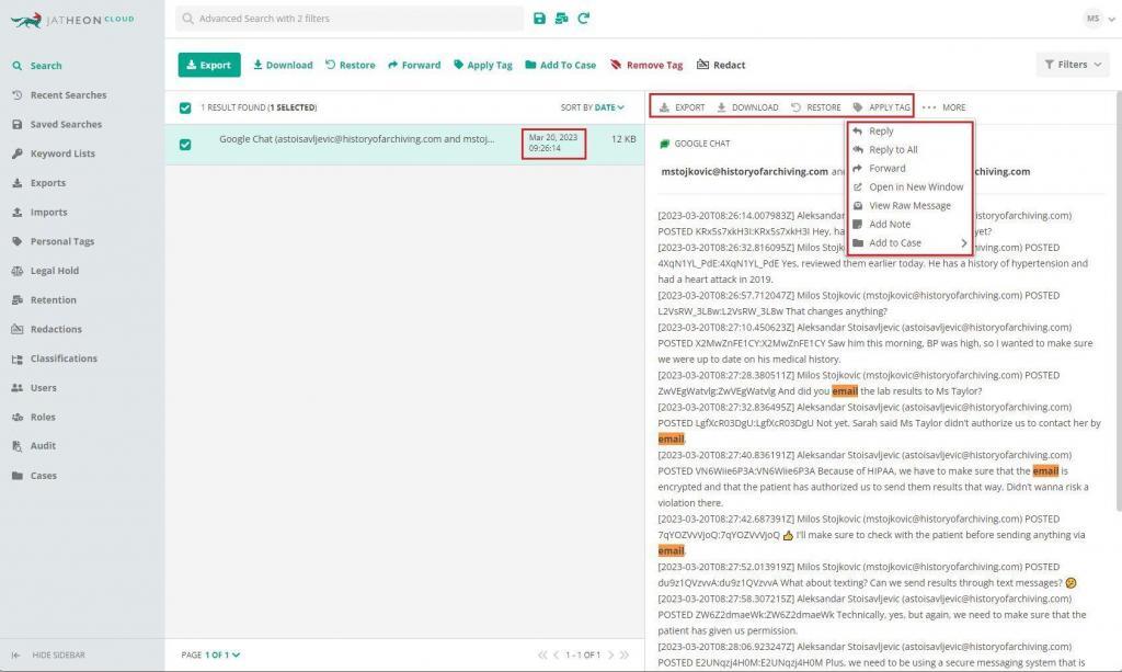 Jatheon Cloud Google Chat Actions