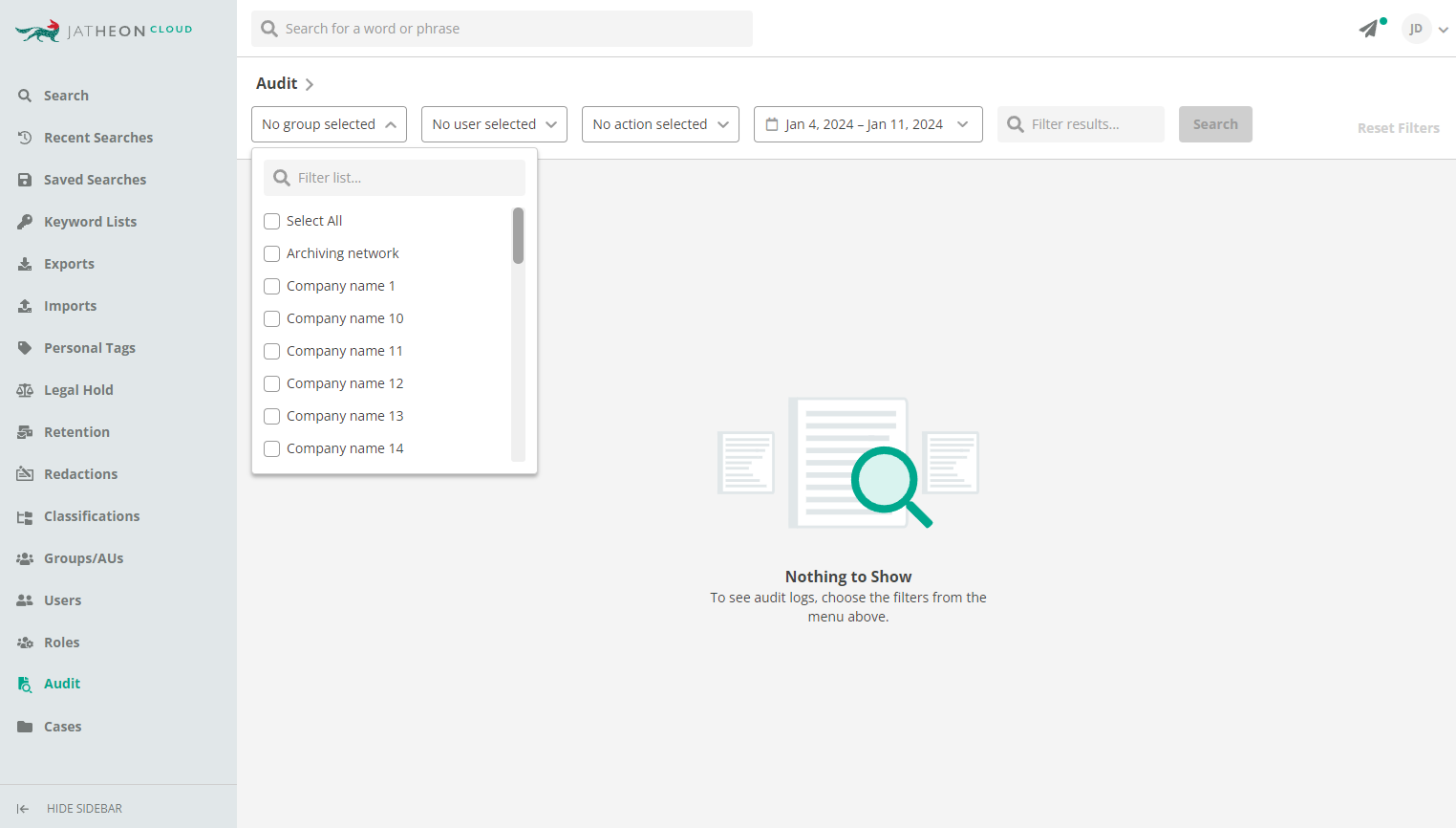 Jatheon Cloud Group Audit Log for Group Admins