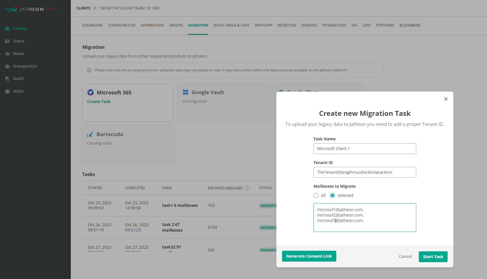 Jatheon Cloud Initiate JAM Migration Task