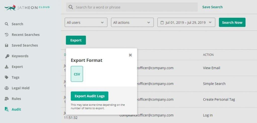 Jatheon Cloud Audit Export to CSV