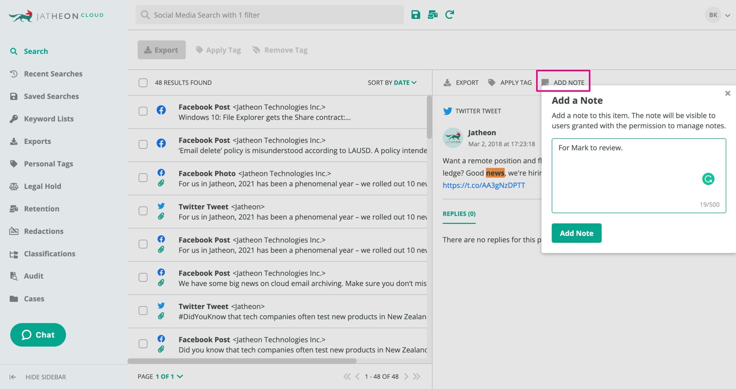 Jatheon Cloud - Add a Note to Social Media Item