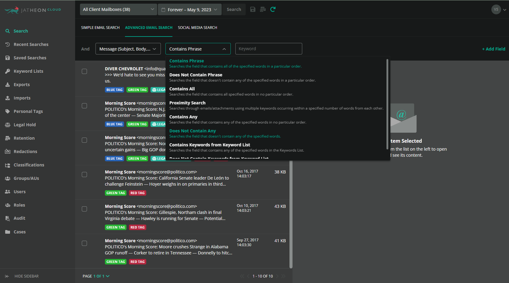 Jatheon Cloud Advanced Search (Dark Mode)