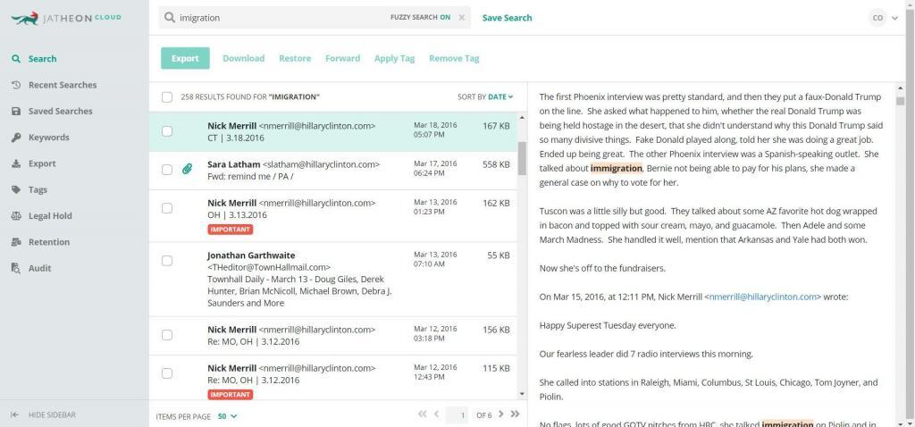 Jatheon Cloud - Fuzzy Search results