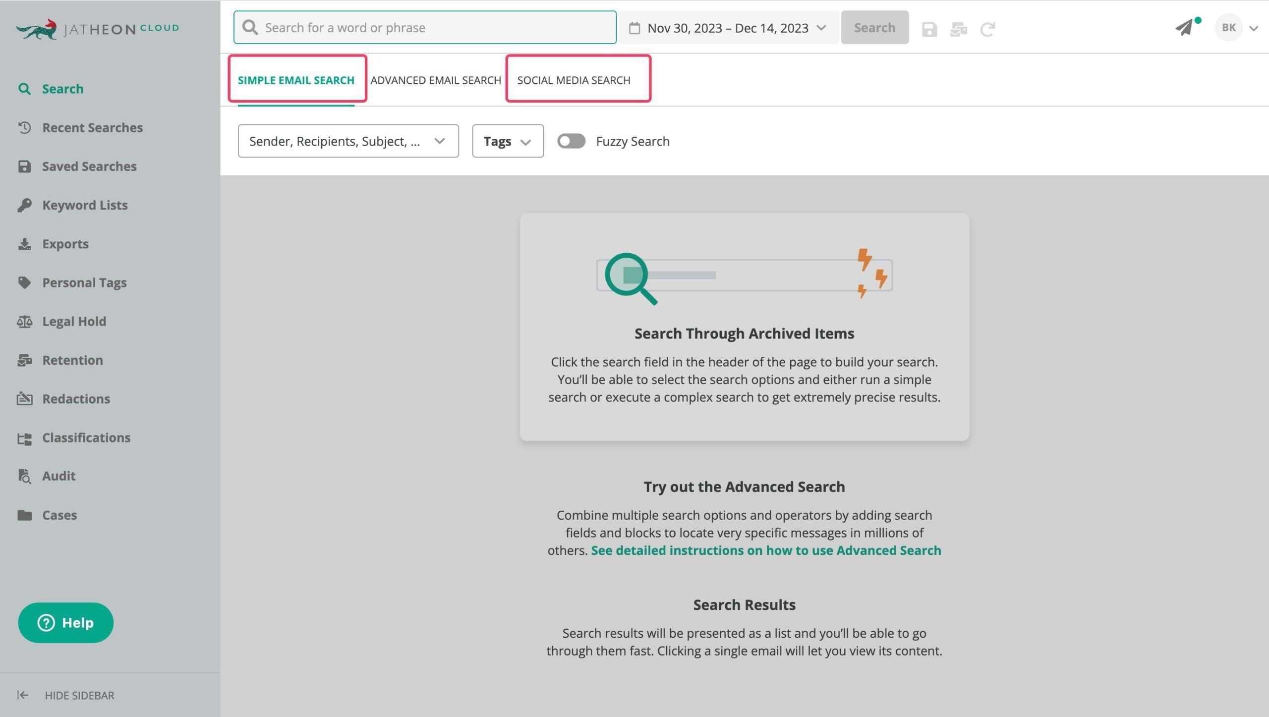 Jatheon Cloud intergrated searches