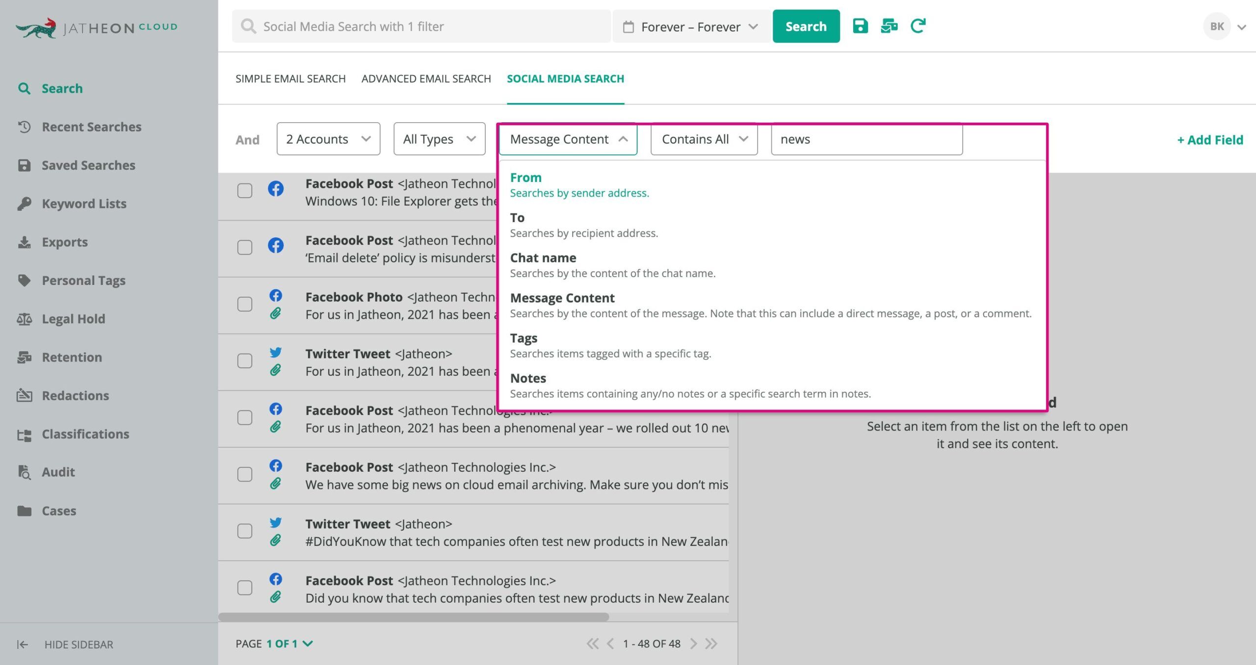 Jatheon Cloud - Social Media Search criteria
