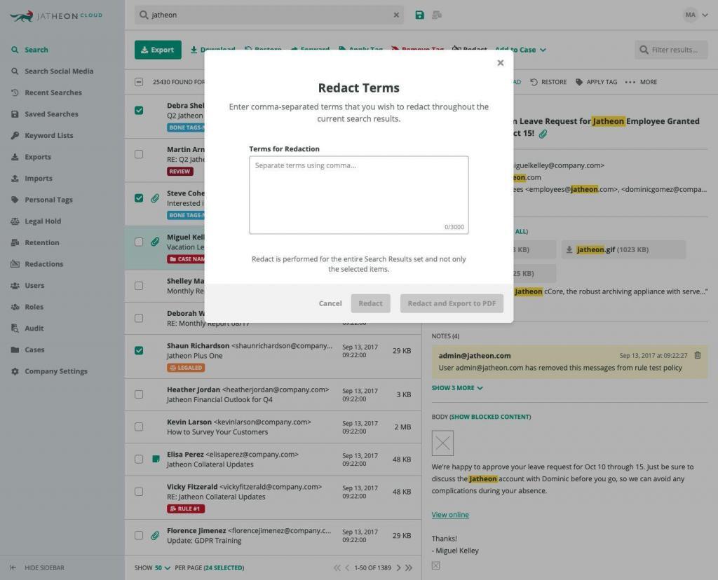 Redaction on Jatheon Cloud - Redact Terms