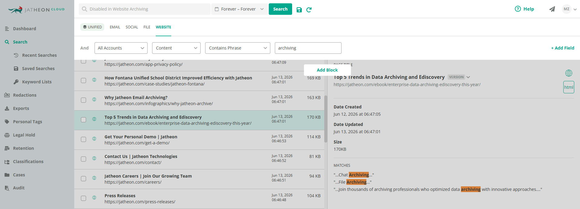 jatheon website archiving search