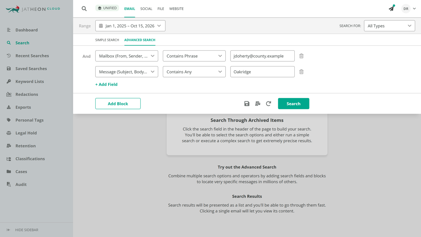 Jatheon Advanced Search block combining Contains Phrase on a mailbox address with Contains Any on the message