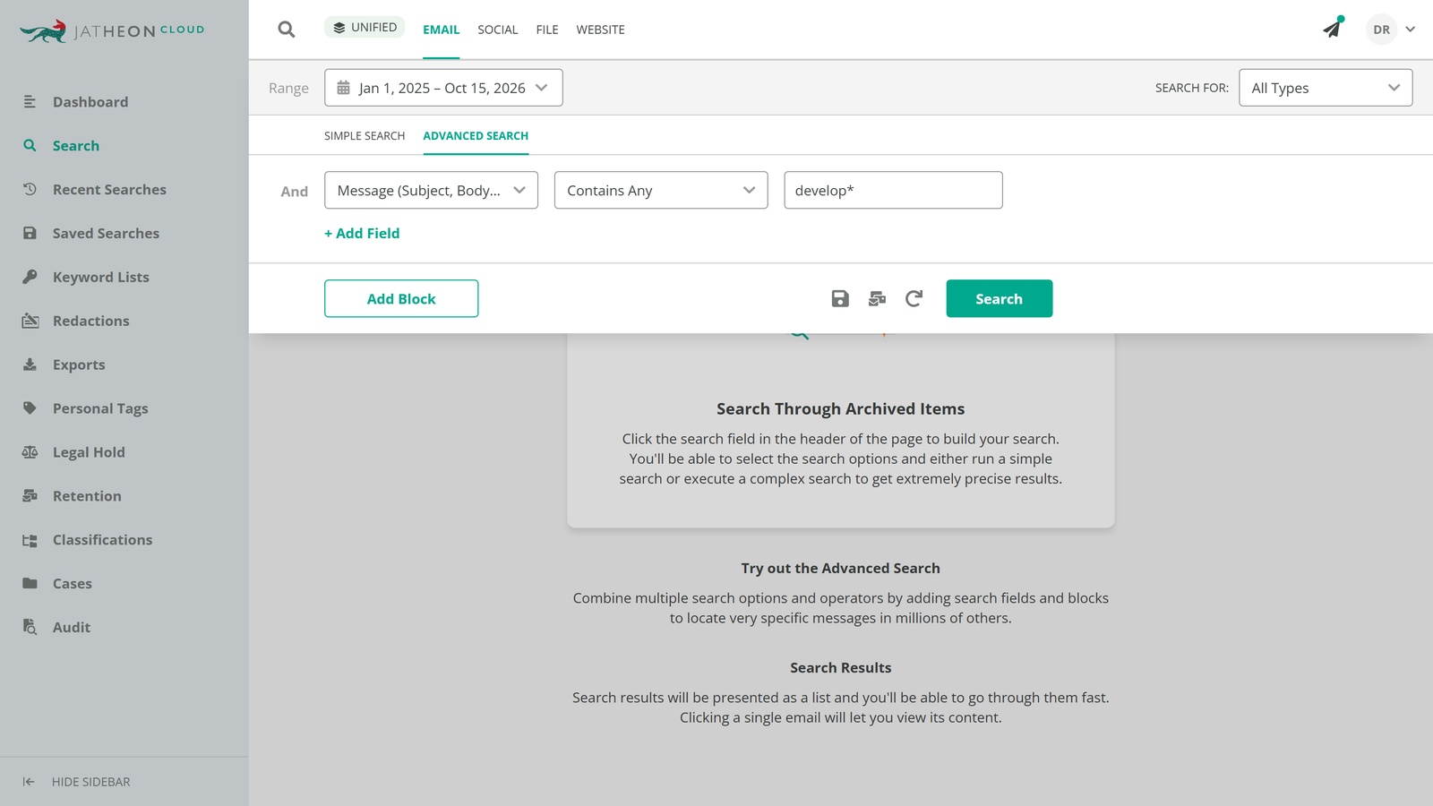Jatheon Advanced Search using the develop* wildcard in the Message field