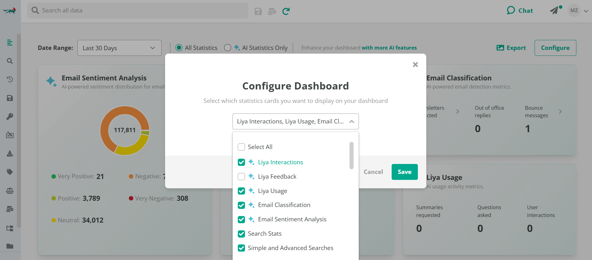 Jatheon AI Dashboard showing dashboard configuration settings. The AI Dashboard groups flagged communications for compliance review.