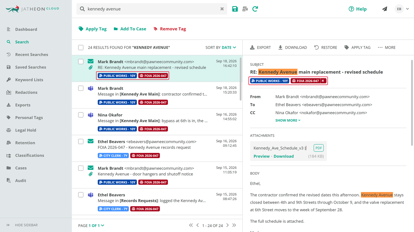 Jatheon Cloud advanced search returning archived email and chat records with retention and legal hold tags