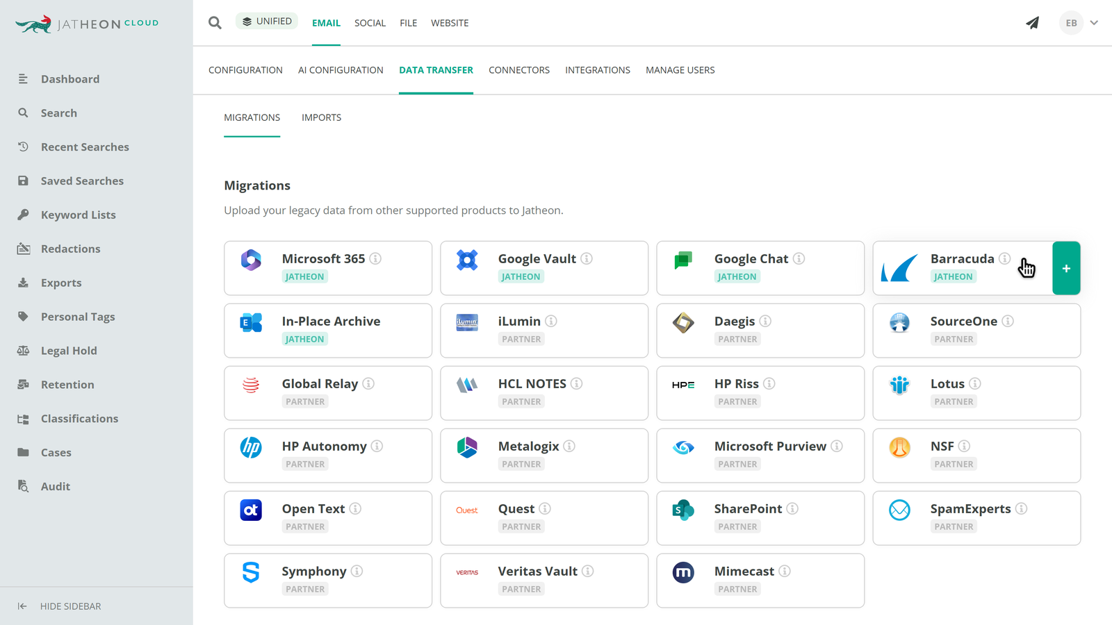 Jatheon Cloud Data Transfer Dashboard with Barracuda selected for migration