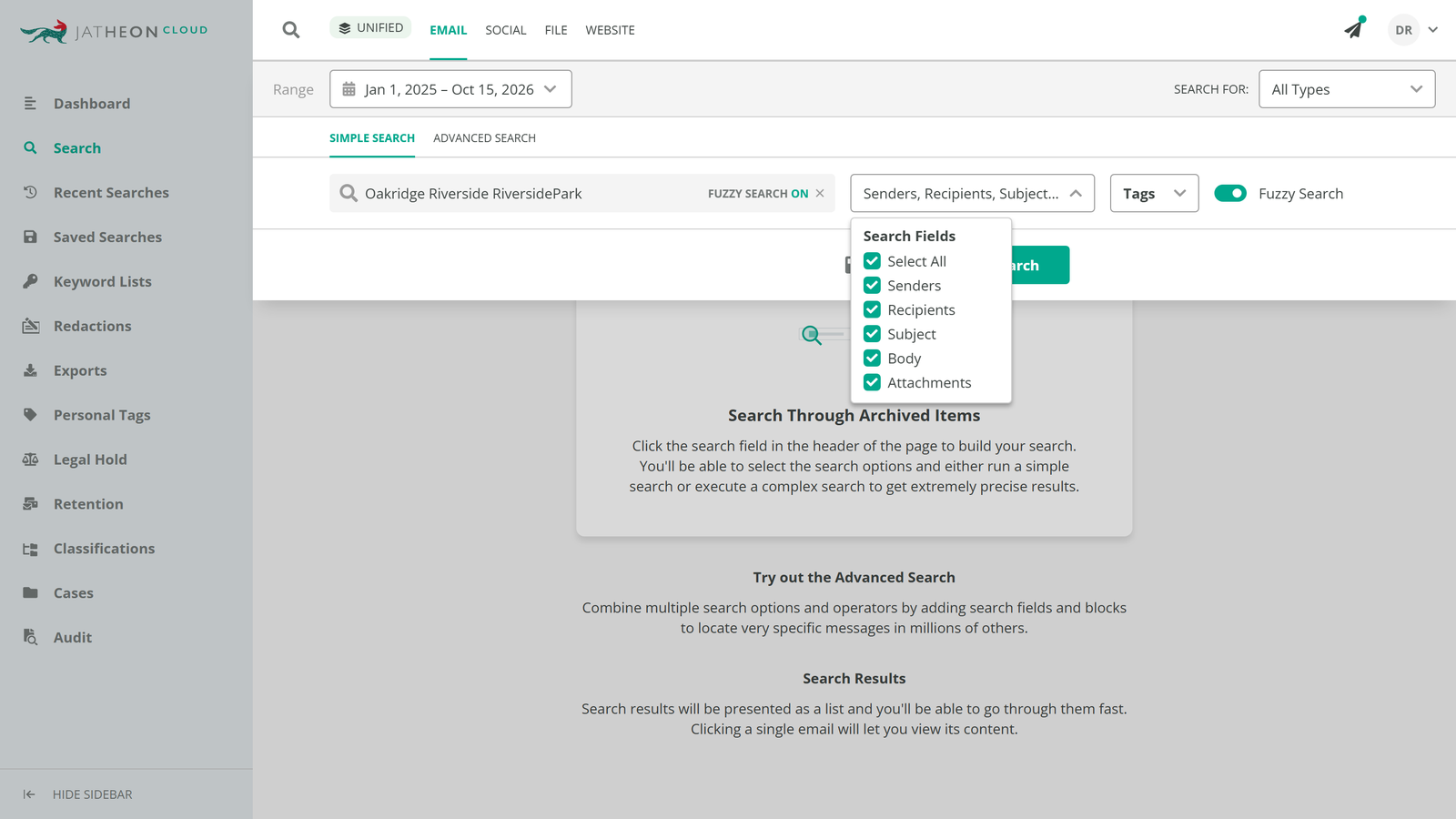 Jatheon keyword search: Simple Search with Fuzzy Search on and the Search Fields menu open