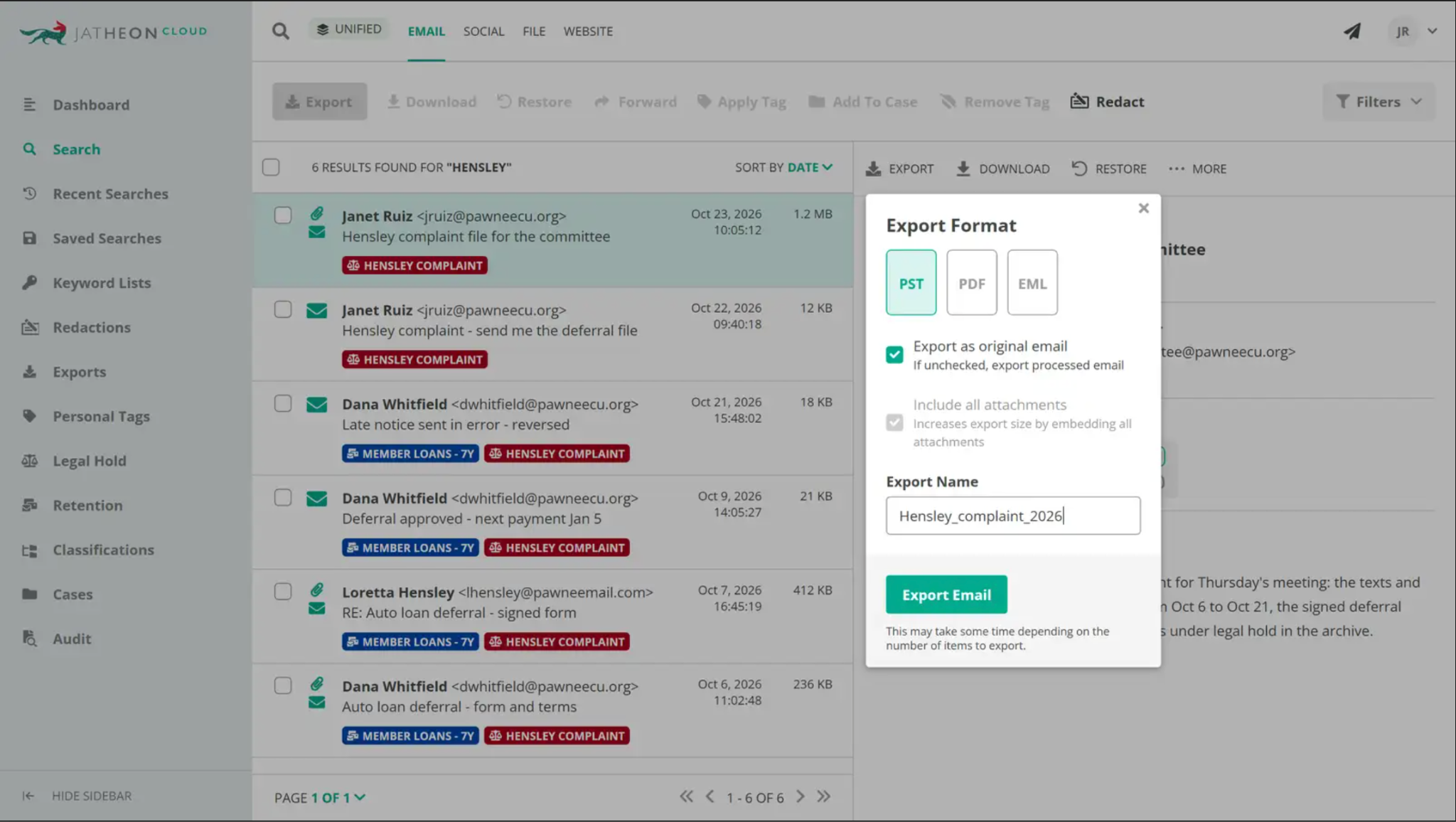 Jatheon legal hold and export options for exam production
