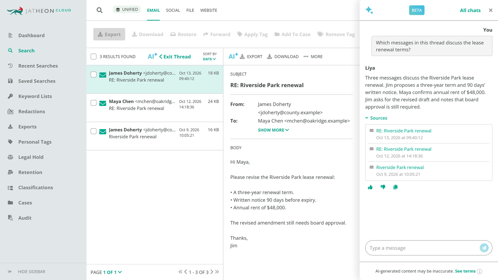 Liya, Jatheon's AI assistant, answering a question about search results with sources listed