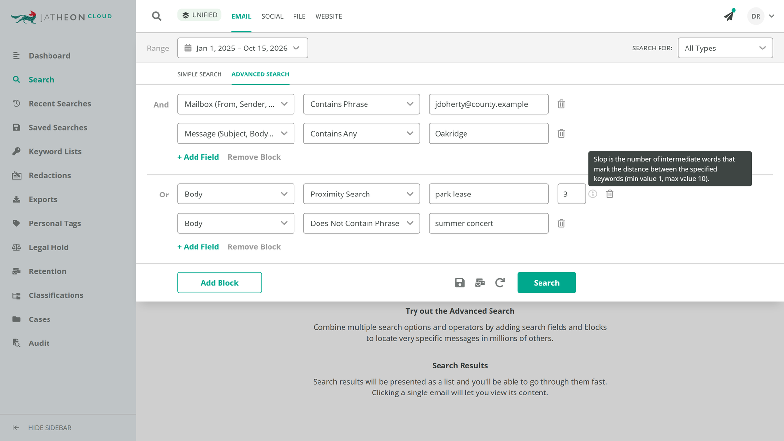 Two Jatheon Advanced Search blocks joined by OR, with Proximity Search and Does Not Contain Phrase conditions