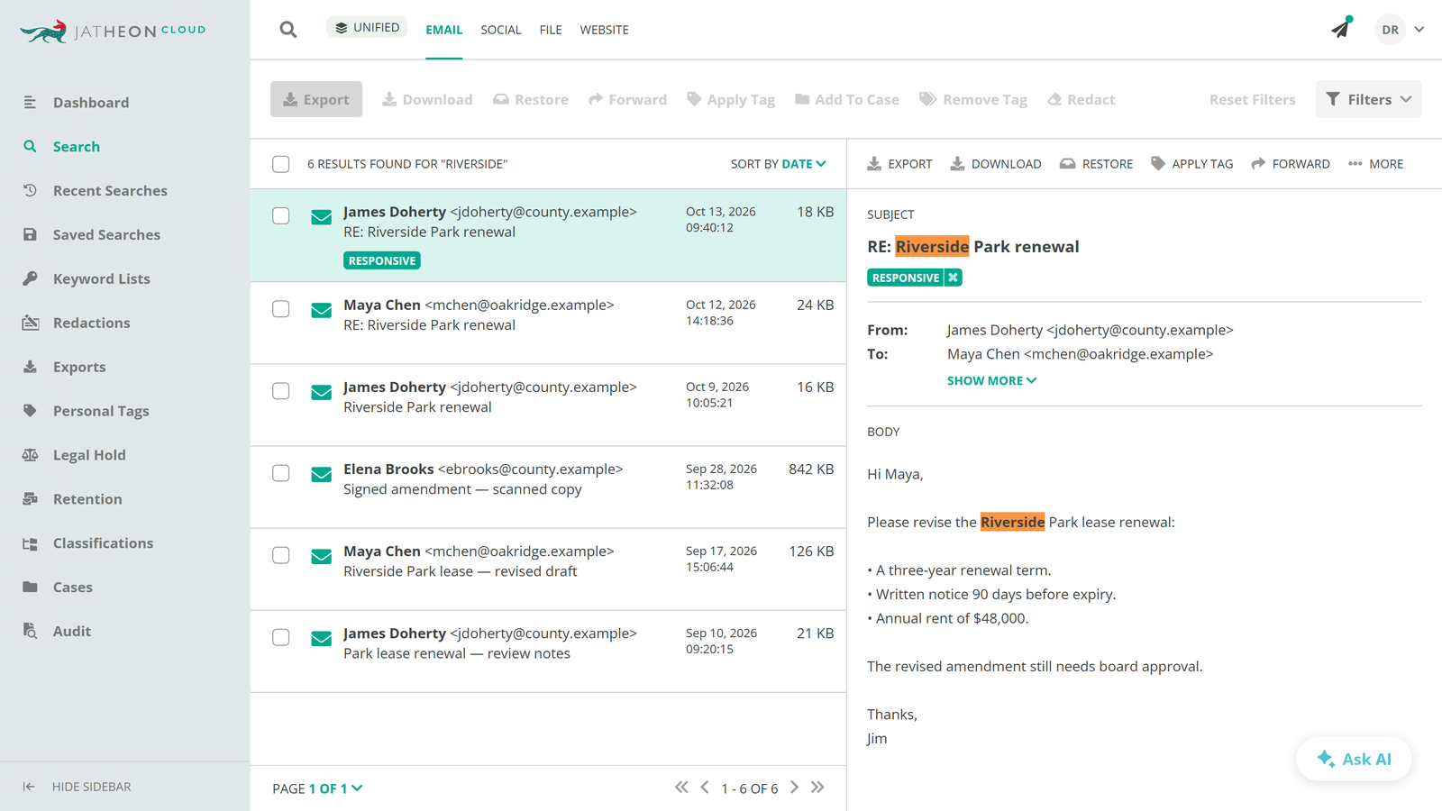 Jatheon search result tagged Responsive with search terms highlighted in the single email view