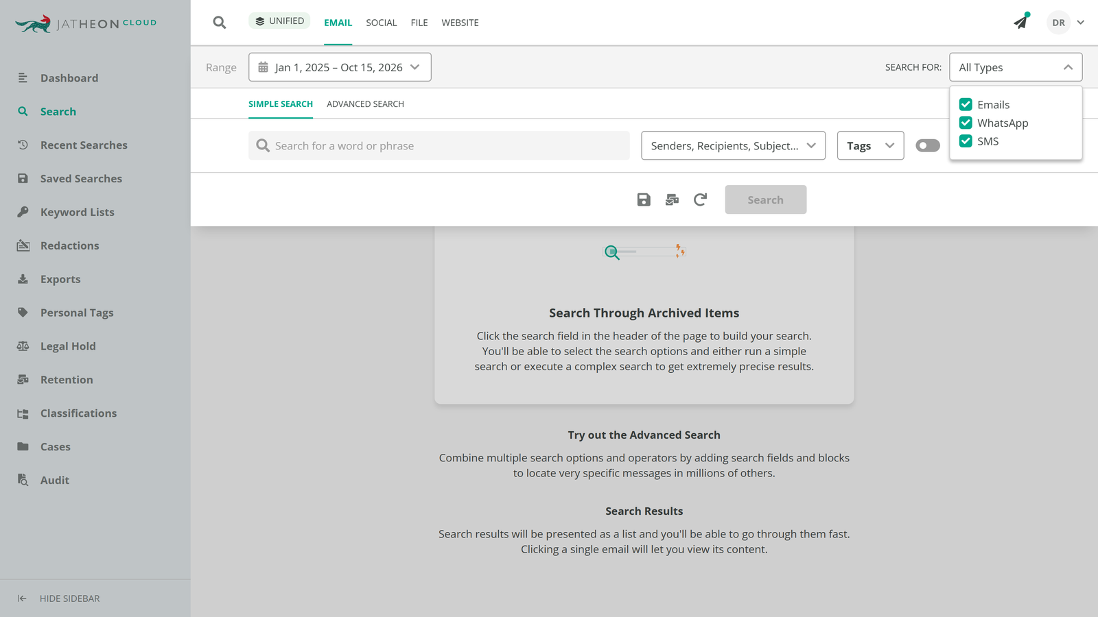 Jatheon Search For dropdown with Emails, WhatsApp, and SMS selected