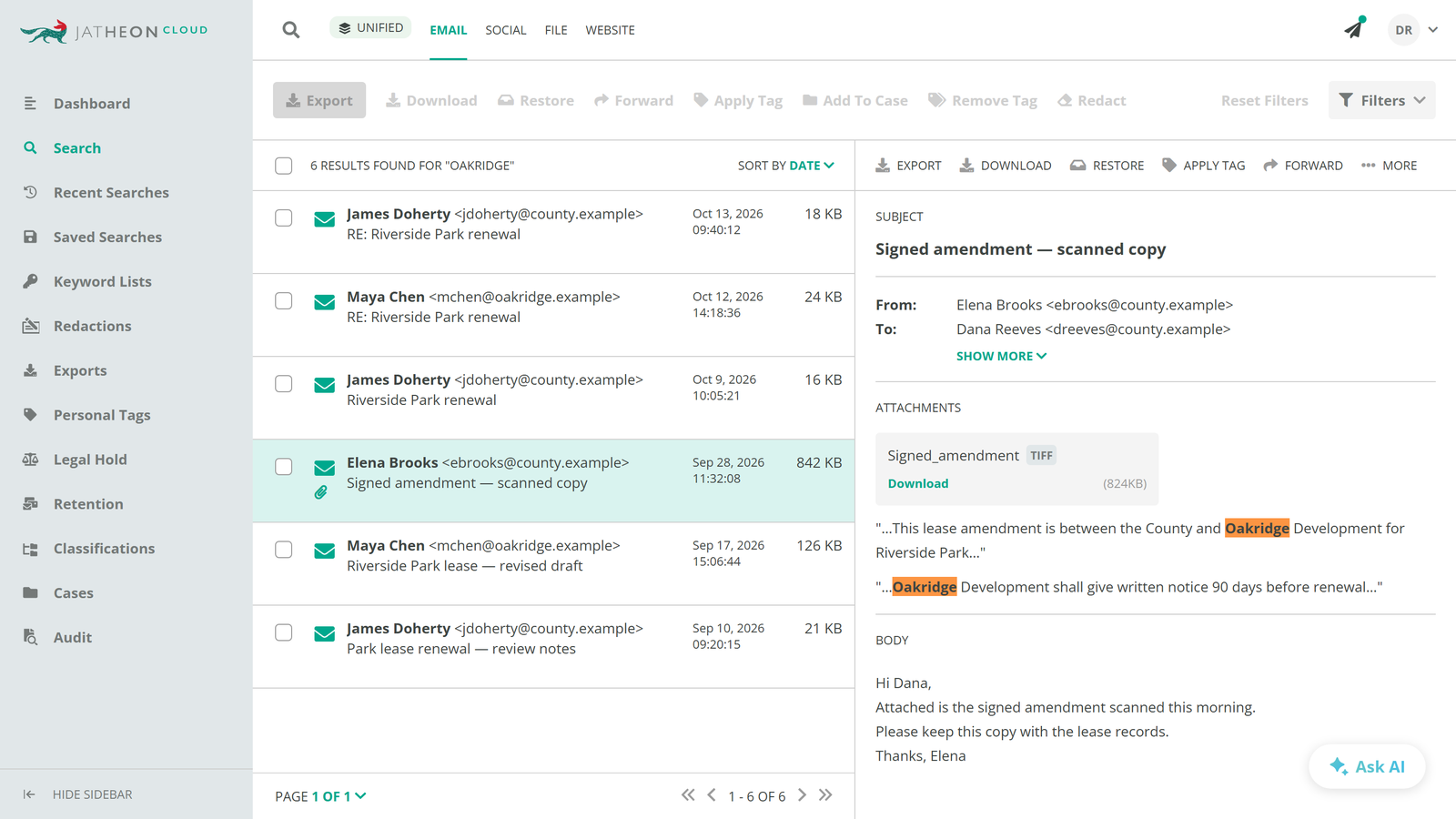 Jatheon search results highlighting a keyword found in the text of a scanned TIFF attachment