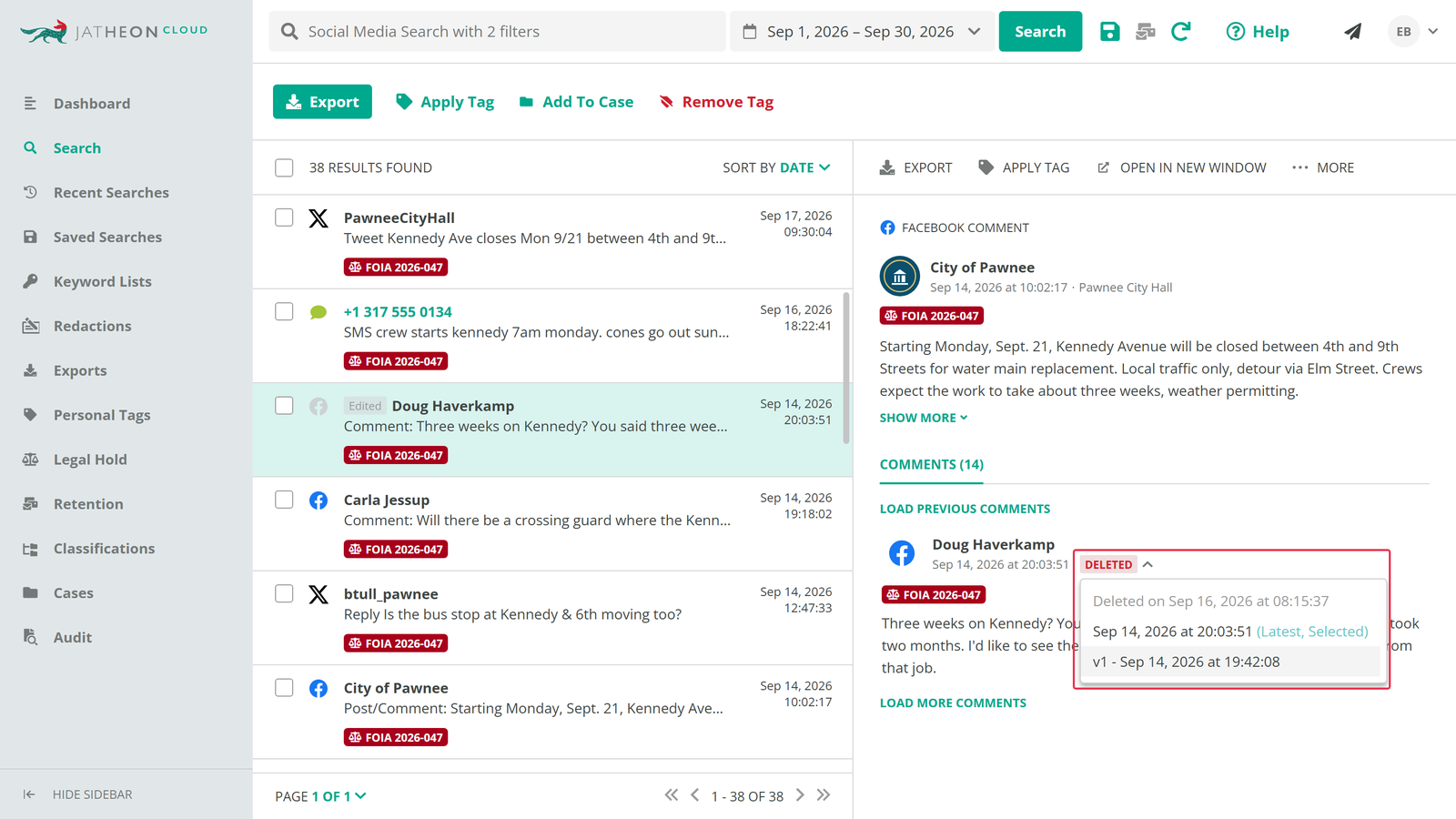 Jatheon unified archive showing a captured Facebook post with a deleted-comment version history and metadata panel