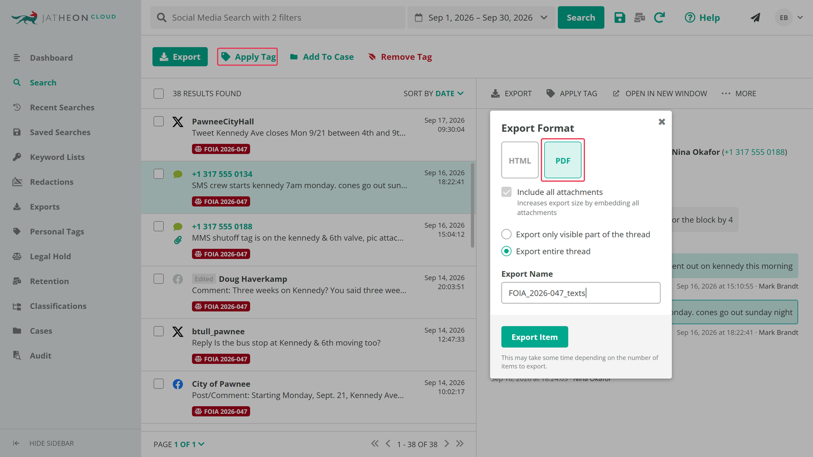 Advanced search results across Facebook, X, and text messages with legal hold and export-to-PDF controls